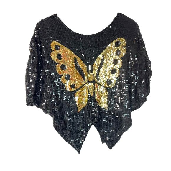 Sequin Butterfly Top Beaded Vintage 70/80s Glam Sparkle Silk - Picture 7 of 7